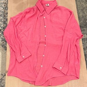Women's Sheer Hot Pink Button-Down Shirt with Chest Pockets- SIZE M!